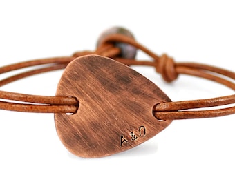 Personalized Mens Bracelet. Guitar Pick Bracelet. Custom Bracelet. Leather Bracelet. Engraved Bracelet.Copper Bracelet.Birthday Gift For Him