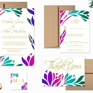 Wedding Invitation Suite, Peacock Wedding Invite Set, Modern Wedding Invtitations, Custom Colors and Fonts - PRINTABLE - Digital File