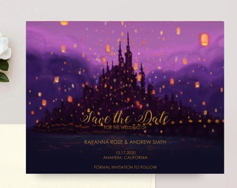 Rapunzel Save the Date Magnets, Disney Save the Dates, Floating Lanterns, Glowing Lantern Magnets, Rapunzel Castle