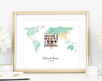 Personalized Wedding Gift, World Map Print, 7.5 Billion People In This World & You Are My Favourite, Anniversary Gift, Gift for Couple