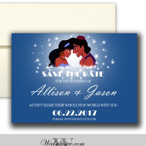 Aladdin et Jasmine Save the Date, Mariages Disney, Invitations de contes de fées, Cartes de mariage à thème arabe - Ensemble de 10
