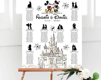 Mickey and Minnie Wedding Seating Chart, Disney Characters Seating Plan, Disney Couples Wedding, Disney Castle Table Plan