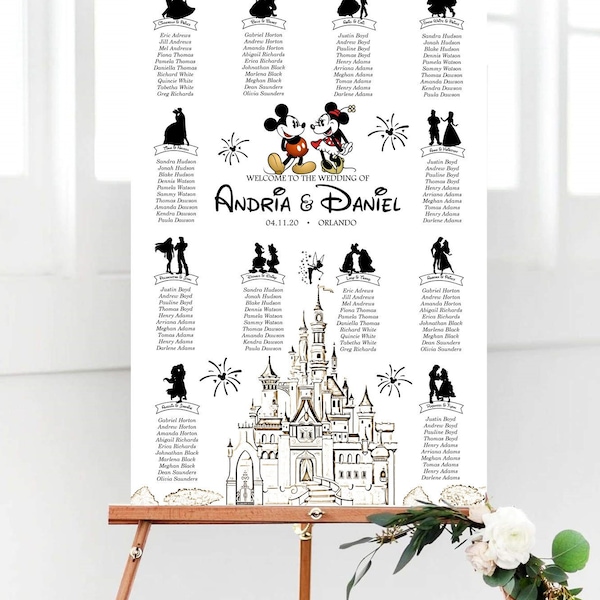 Mickey and Minnie Wedding Seating Chart, Disney Characters Seating Plan, Disney Couples Wedding, Disney Castle Table Plan