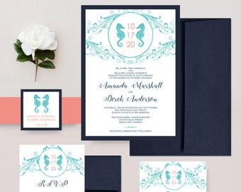 Beach Wedding Invitations, Seahorse Wedding Invites, Navy and Coral Invite, Modern Wedding Invitation Set - DEPOSIT