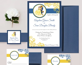 Beauty and the Beast Wedding Invitations, Disney Weddings, Fairytale Wedding Invite, Navy and Canary Wedding Invites