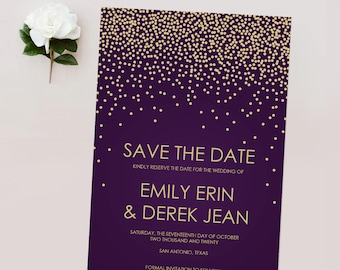 Gold and Purple Wedding Save the Dates, Gold Confetti Invites, Royal Purple Wedding, Elegant Wedding Announcements