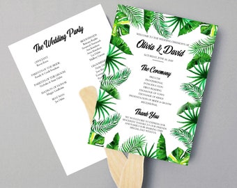 Tropical Wedding Program Fans, Palm Leaves Wedding Program Fan, Beach Wedding Ceremony Fans, Printed Wedding Fan, Outdoor Wedding Program