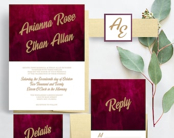 Burgundy and Gold Wedding Invitation Suite, Burgundy and Gold Invites, Marsala Invitation Suite, Printed Invitations