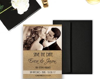 Photo Save the Dates, Gold Glitter, Black and Gold Wedding Announcements, Holiday Wedding Save the Dates, Photo Invites, Gold Save the Dates