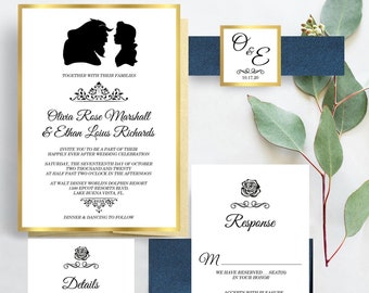 Invitaciones de boda de Disney, elegantes invitaciones de lámina de oro, invitación de silueta de pareja de Disney