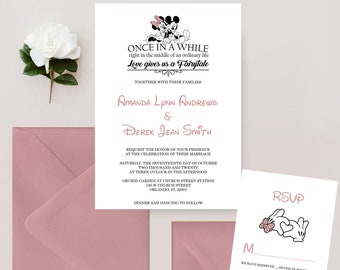 Mickey and Minnie Mouse Wedding Invitations, Mickey and Minnie Invite, Disney Invitation, Fairytale Wedding, Dusty Rose Invites