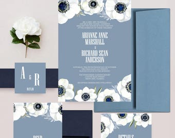Wedding Invitations, Dusty Blue Invites, Watercolor Floral Invitation Suite, Invitation Set - DEPOSIT