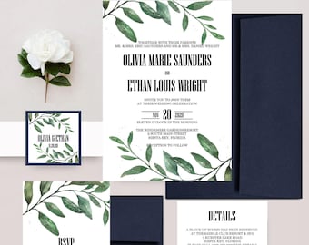 Greenery Wedding Invitation Suite, Rustic Botanical Wedding Invite Set, Eucalyptus Greenery Leaves Invitation, Printed Invitations