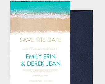 Watercolor Beach Waves Save the Dates, Beach Wedding, Beach Invitations, Save the Date Cards, Nautical Invites - Envelopes Included