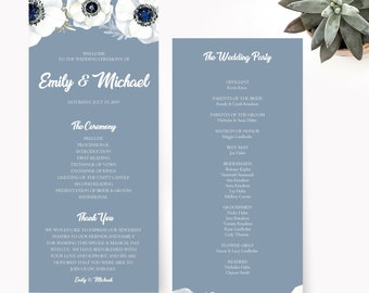 May include: A wedding ceremony program with a blue background and white flowers. The program includes the wedding ceremony order, a thank you message from the couple, and a list of the wedding party members. The text reads "Welcome to the wedding ceremony of Emily & Michael, Saturday, July 19, 2019".