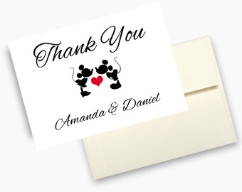 Mickey and Minnie Wedding Thank You Cards, Disney Theme Weddings, Wedding Thank You Cards, Newlywed Cards - Pack of 10