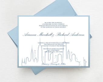 New York City Skyline Wedding Invitation Suite, NYC Wedding Invitation Set, Navy Blue Invites, Custom Printed Invitations
