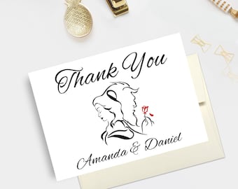 Belleza y la bestia boda gracias tarjetas, tarjetas de agradecimiento personalizadas, bodas temáticas de Disney, boda de belle y bestia - conjunto de 10