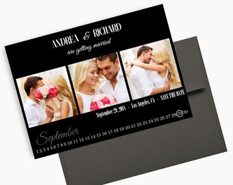 Foto Guardar las fechas, Anuncios de bodas elegantes, Guardar la fecha Postal, Negro y gris, Invitaciones de fotos