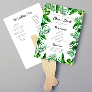 May include: A wedding ceremony programme fan with a tropical theme. The fan features a green and white design with palm leaves and the text "Welcome to the wedding ceremony of Olivia & David, Saturday, June 30, 2020".