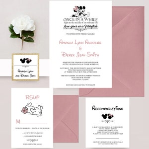 Mickey and Minnie Mouse Wedding Invitations, Mickey and Minnie Invite, Disney Invitation, Fairytale Wedding, Dusty Rose Invites immagine 3