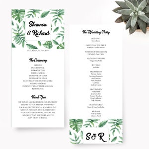 Programmes de mariage tropicaux, cartes de cérémonie de mariage à destination, programmes de commande de service botanique