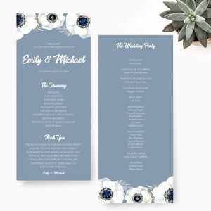 Programas de boda, Tarjetas de ceremonia de boda azul polvoriento, Programas florales de orden de servicio