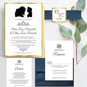 Disney Wedding Invitations, Elegant Gold Foil Invites, Disney Couple Silhouette Invite image 1