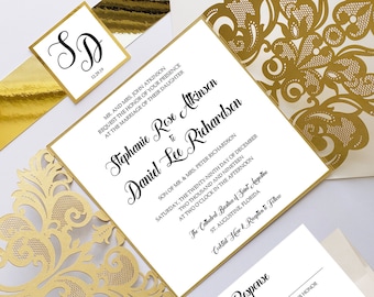 Laser Cut Wedding Invitations, Elegant Gold Laser Wedding Invitation Set, Luxurious Wedding Suite, Laser Invitation Wrap