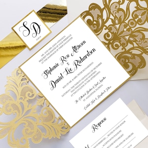 Laser Cut Wedding Invitations, Elegant Gold Laser Wedding Invitation Set, Luxurious Wedding Suite, Laser Invitation Wrap
