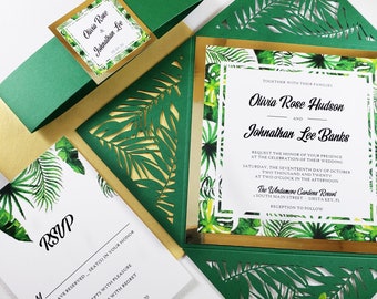 Beach Wedding Invitation, Laser Cut Wedding Invitations, Botanical Palm Leaves Invitation Set, Tropical/Destination Wedding Invitation Suite