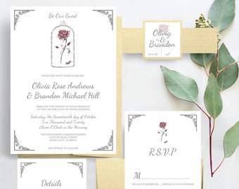 Enchanted Rose Beauty and the Beast Wedding Invitations, Disney Weddings, Fairytale Wedding Invite, Rose Wedding Invites