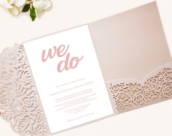 Blush Wedding Invitation Laser Cut Suite, Modern Rose Pocket Wedding Invitation Set, Lasercut Pocket Invites - Other Colors Available