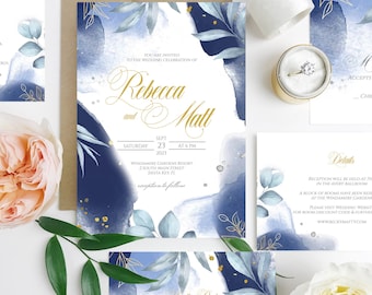 May include: Wedding invitation suite with blue and gold watercolor designs. The invitation features the names "Rebecca and Matt" with the date and time of the wedding. The RSVP card includes a meal selection option.