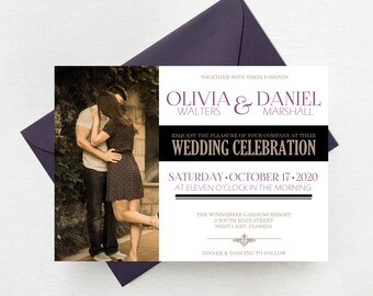 Modern Photo Wedding Invitation Suite, Champagne and Plum Invitation Set, Photo Wedding Invitations - DEPOSIT