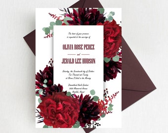 Elegant Burgundy Bohemian Wedding Invitation Suite with Marsala and Deep Red Florals, Romantic Fall Burgundy Wedding Invitations