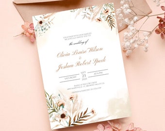 Rustic Autumn Boho Floral Wedding Invitation Template, Fall Wedding Invitations, Autumnal Wedding Invite Instant Download Template