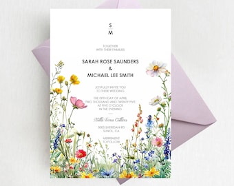 Wildflower Wedding Invitations, Enchanted Garden Flowers Wedding Invitation Set, Floral Spring Wedding Invites, Wedding Suite - PRINTED