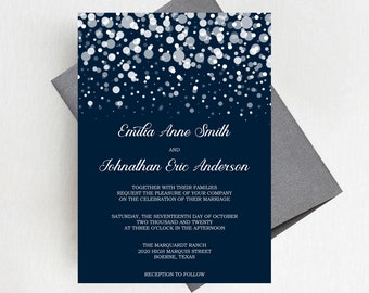 Starry Night Wedding Invitation Suite, Winter Snowfall Invitations, Navy Blue Invites, Winter Wedding Invitation Set  - DEPOSIT