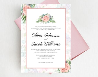 Blush Pink Succulent Floral Wedding Invitation Suite, Elegant Wedding Invitations,  Romantic Succulent Invites, Printed Invitation Set