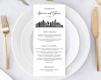 Wedding Menu Cards, Modern New York Skyline Wedding Dinner Menus, Reception Table Menus - Printed Menus