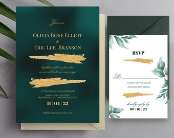 Emerald Green and Gold Botanical Wedding Invitation Template, Luxury Modern Wedding Invitations, Editable Template Wedding Invite