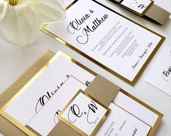 Gold Wedding Invitation Suite, Elegant Calligraphy Script Wedding Invitation Set, Gold Foil Luxury Invites, Printed Invitations