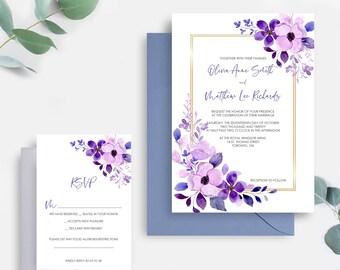 Periwinkle Wedding Invitations, Lavender Wedding Invitation Set, Purple Floral Wedding Invites, Lilac Botanical Wedding Invite Suite