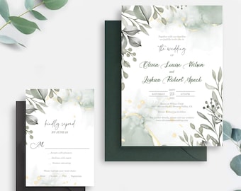 May include: Wedding invitation with a watercolor background featuring green leaves and gold accents. The invitation text reads "Together with our families, we joyfully invite you to the wedding of Olivia Louise Wilson and Joshua Robert Speck, Saturday, September 23, 2023, at 6:00 PM, Barns at Willow Creek, 6177 Myrtle St,  Buena Valley, CA. Dinner & Dancing to follow. For further details, please visit our website: www.oliviaandjoshuawedding.com"