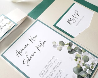 Greenery Wedding Invitation Suite with Elegant Watercolor Eucalyptus Leaves and Romantic Florals