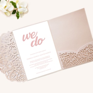 Blush Wedding Invitation Laser Cut Suite, Modern Rose Pocket Wedding Invitation Set, Lasercut Pocket Invites - Other Colors Available