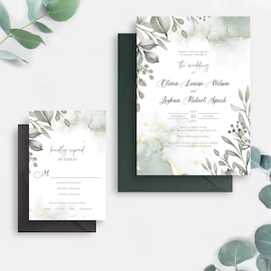 Elegant Greenery Wedding Invitations, Boho Sage Green Invitation Set, Bohemian Watercolor Eucalyptus Wedding Invite Suite