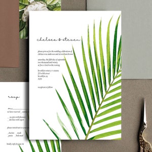 Minimalist Tropical Palm Tree Leaves Wedding Invitation Suite, Modern Greenery Wedding Invitations Set, Printed Invites image 2