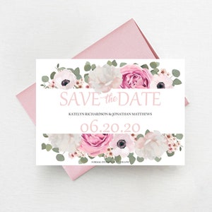 Romantic Blush Save the Date Cards, Boho Floral Watercolor Save the Dates for Wedding, Greenery & Dusty Pink - Printed Cards with Envelopes